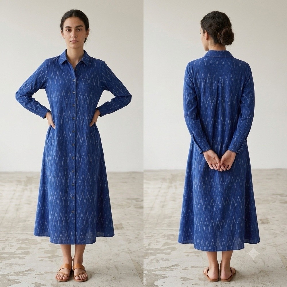J jill Pure Jill Size-XS/P Women's Shirt Dress Cotton Blue Ikat Long Sleeve